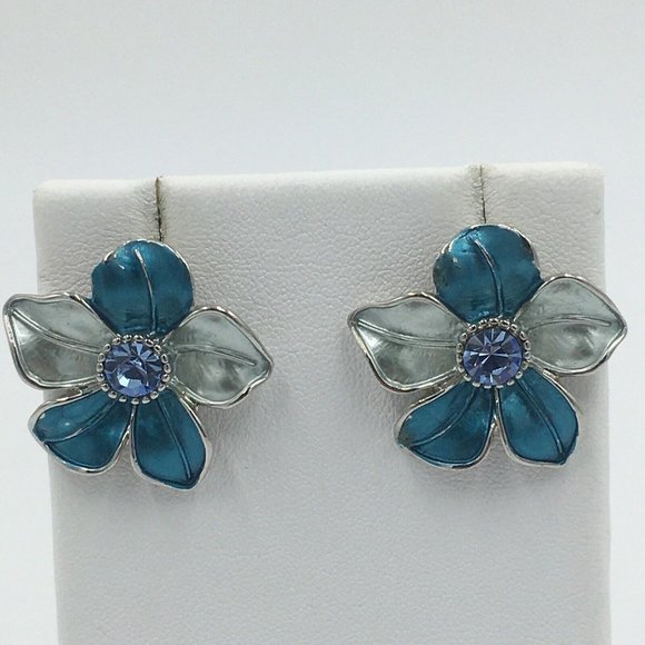Blue & Silver Enamel FLOWER EARRINGS, Lavender Purple CENTER RHINESTONE - Picture 2 of 6